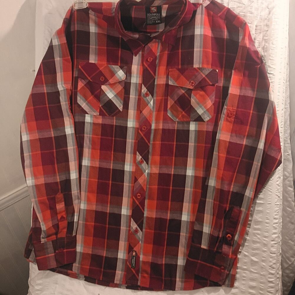 NWOT South Pole Mens Red & Maroon Plaid Button Down Front Pocket Long Sleeve 2XL